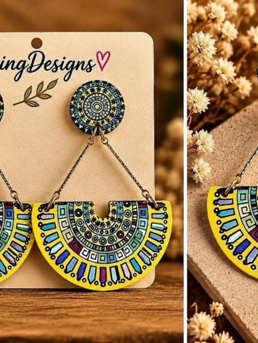 LaingDesigns Geometric Dangle Earrings in Yellow & Blue